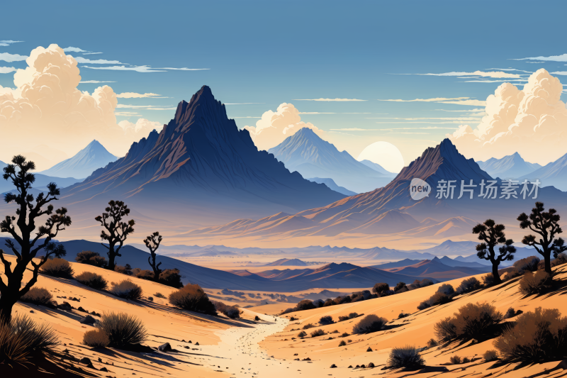 山脉和沙漠景观土路高清风景插画图片