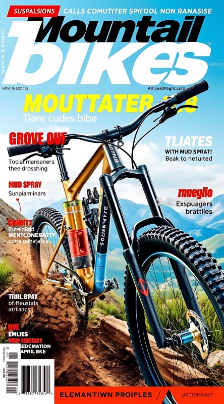 山地自行车杂志封面展示了一辆越野山地自行车在崎岖的山路上行驶的场景