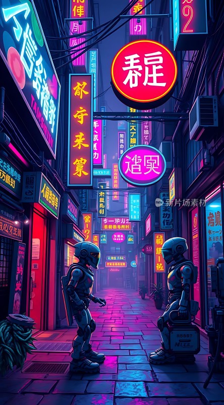 霓虹灯下的机器人街景