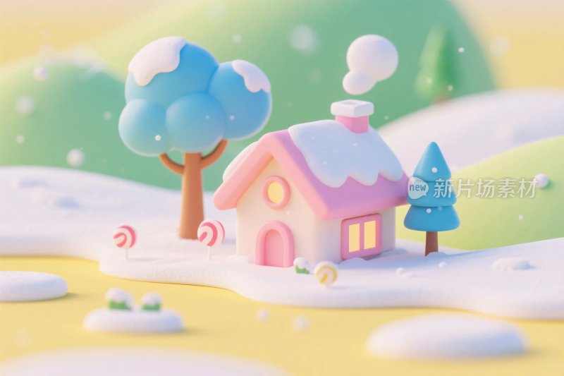 卡通童话小屋雪景