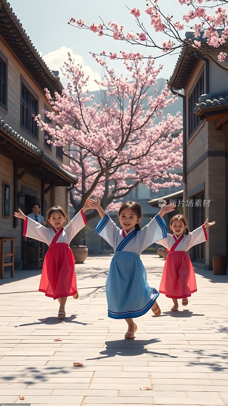 春日樱花下身着传统服饰的三位小女孩在古色古香的街道上欢快地奔跑