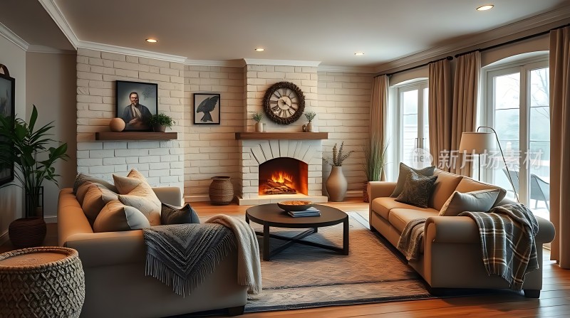 温馨壁炉客厅舒适沙发与自然光线完美融合