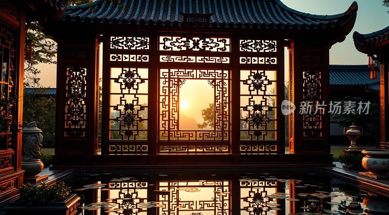 古韵园林夕阳下的中式亭台楼阁