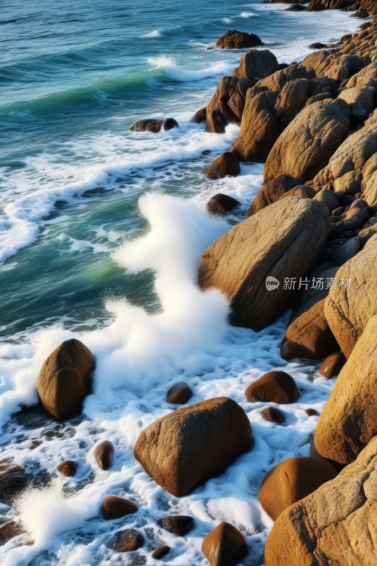 海浪拍打着蓝天海滩的岩石高清风景图片