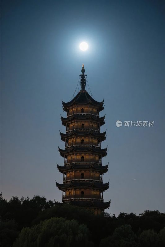 古塔与月亮夜景图