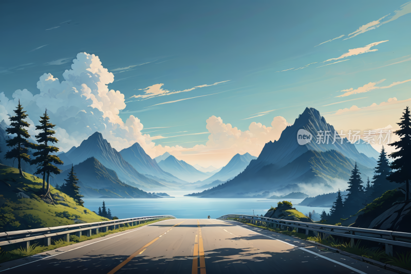 穿过山脉的道路的高清风景插画图片