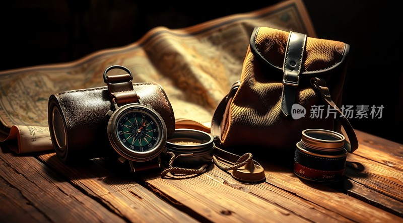 探险装备展示指南针、地图和背包