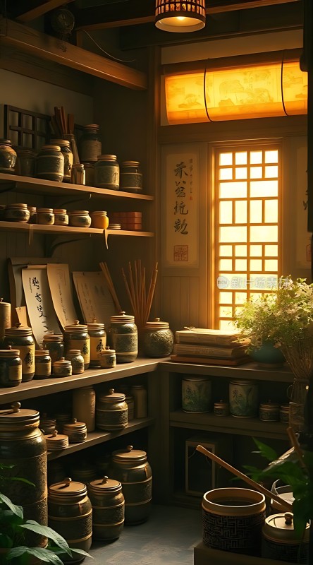 古风药铺中药罐与书法作品