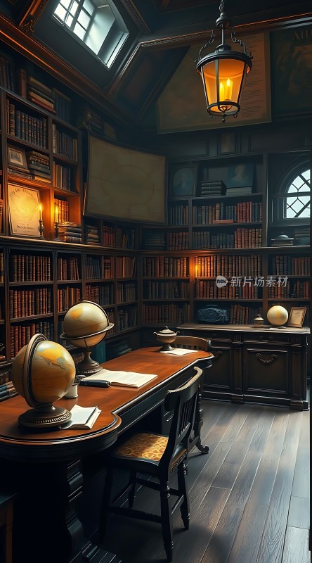 古色古香书房木质书架、地球仪与复古灯具营造温馨氛围