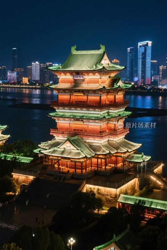 夜晚古塔城市夜景