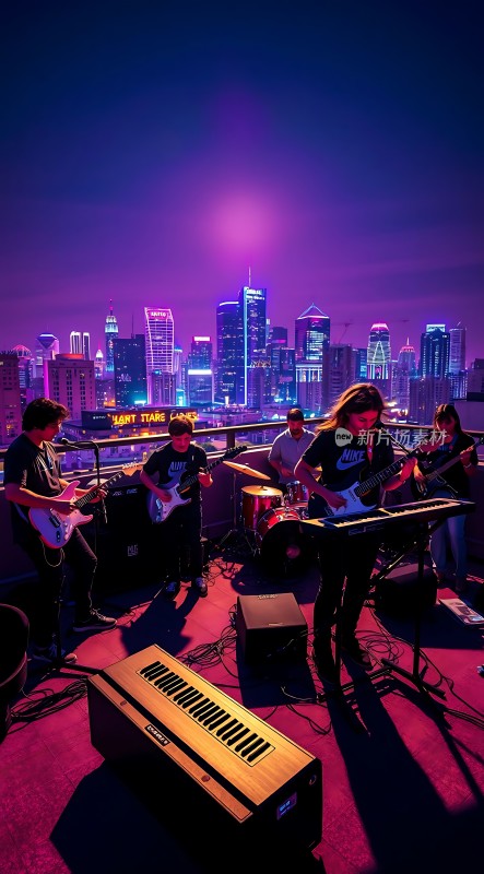 霓虹灯光下乐队激情演奏