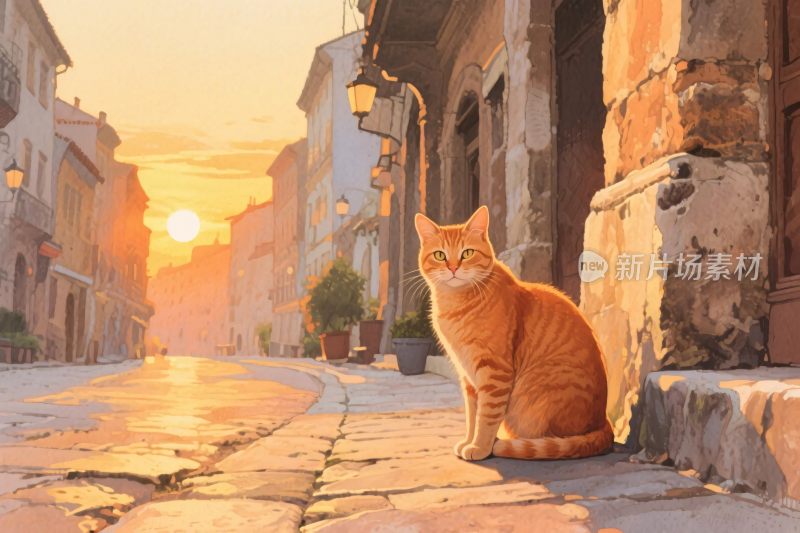 夕阳下的橘猫街道