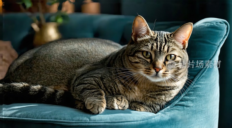 阳光下的蓝绿色沙发上慵懒的虎斑猫