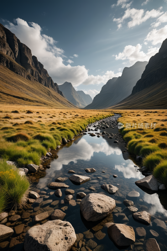 一条小溪流经草谷山脉高清风景图片