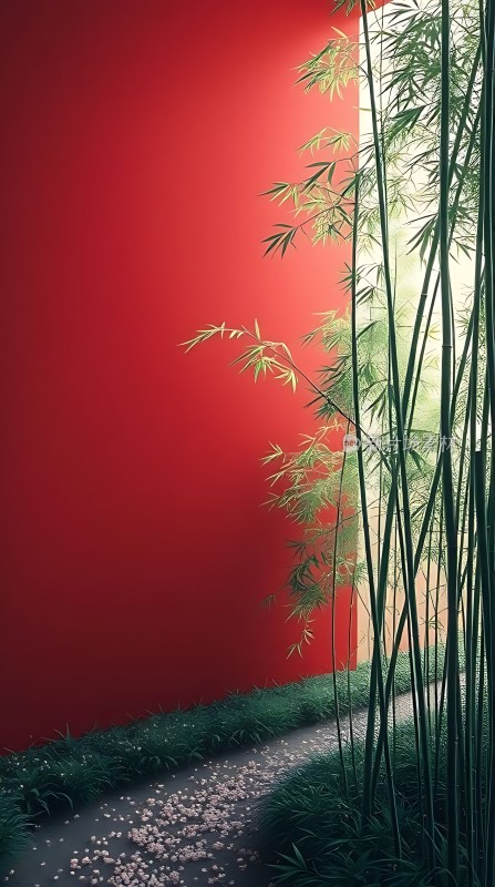竹影斑驳映红墙