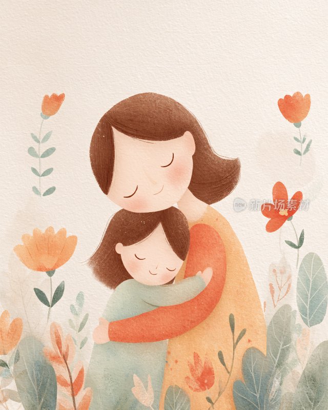 母女温馨相拥插画