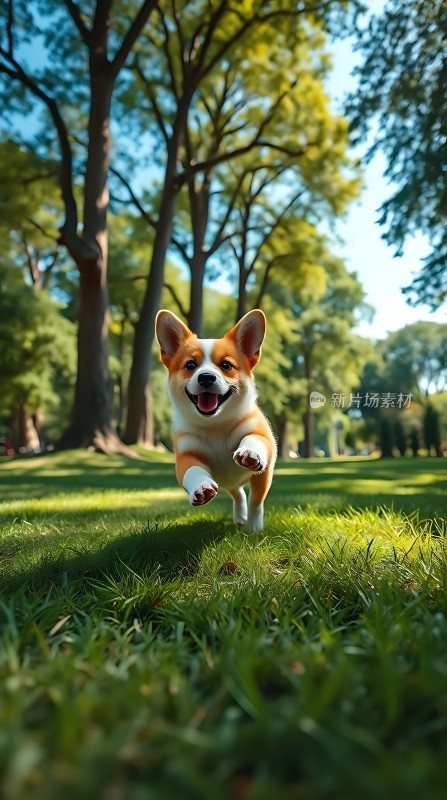 阳光下的快乐柯基犬在草地上奔跑