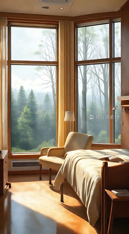 阳光洒满森林卧室宁静而舒适