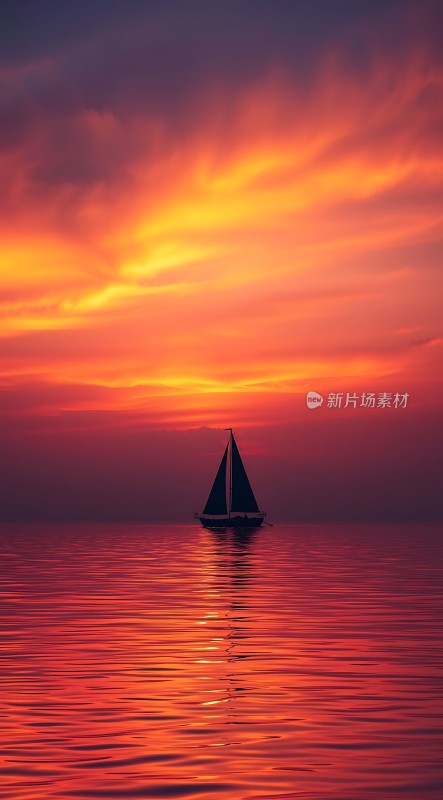 日落帆影映红海