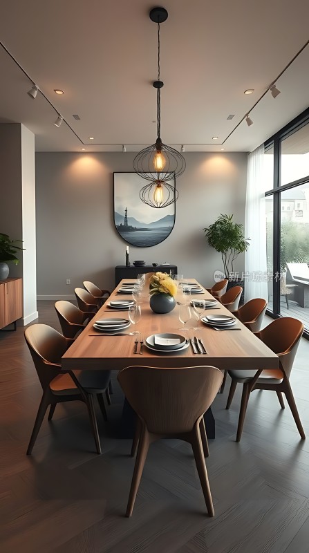 现代餐厅设计简约大气木质餐桌椅搭配优雅吊灯营造温馨氛围