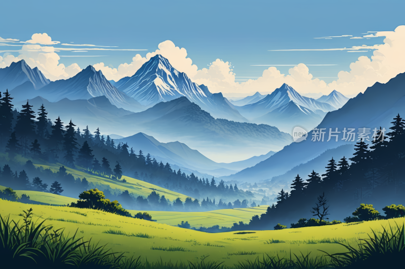 山谷树木山景高清风景插画图片