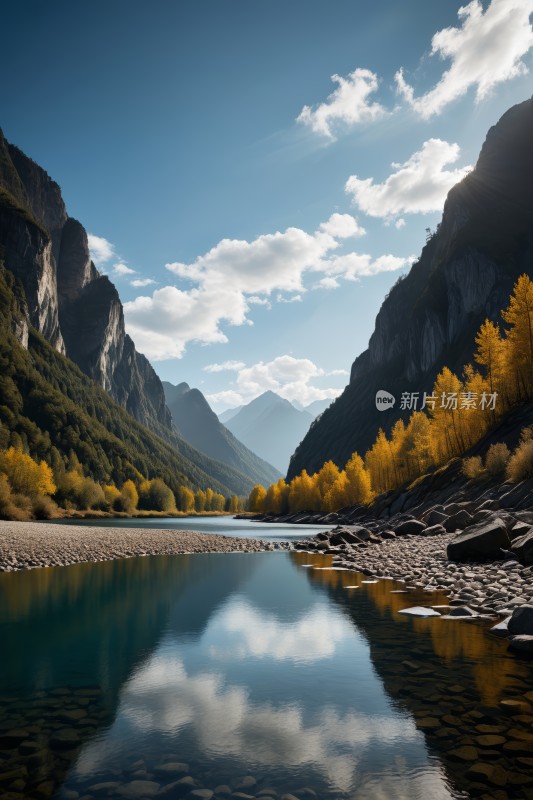 山和树倒映在河水的静水中高清图片