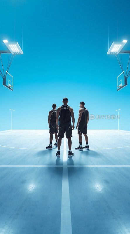 篮球场上三位运动员蓄势待发