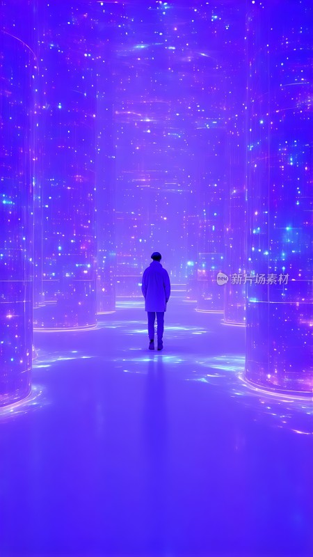 紫色梦幻走廊孤独身影漫步其中