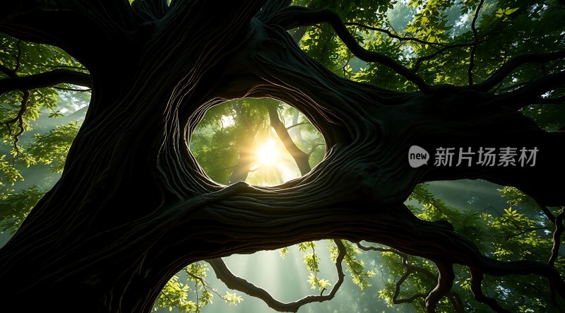 阳光透过树洞洒下神秘而美丽