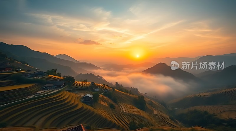 梯田晨曦阳光洒满山谷