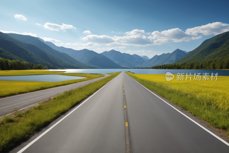 道路湖泊和山脉风光风景图片