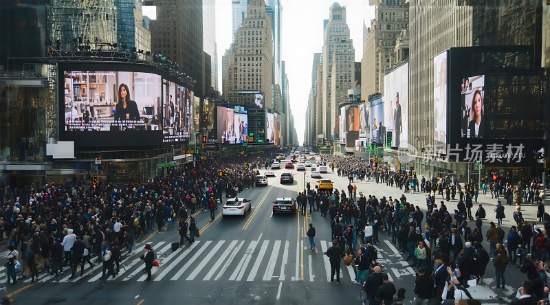 繁华都市街头车水马龙人潮涌动