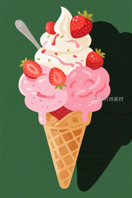 草莓冰淇淋甜筒插画