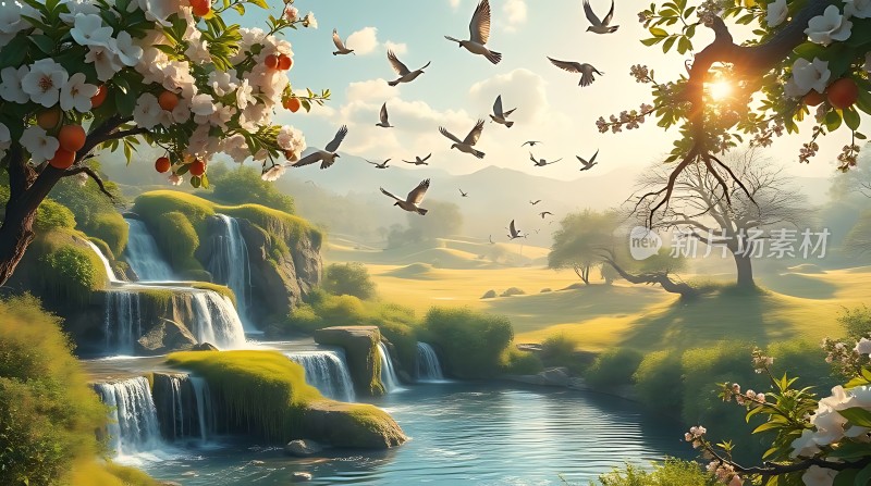 阳光下的瀑布与飞翔的鸟儿