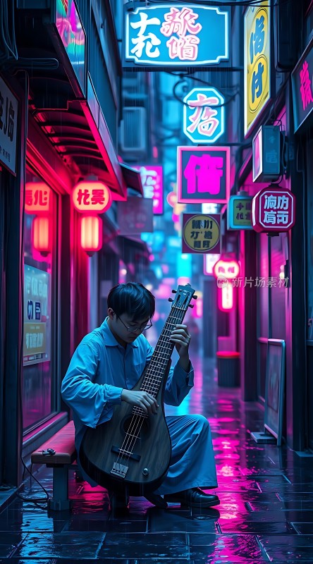霓虹下的街头吉他手