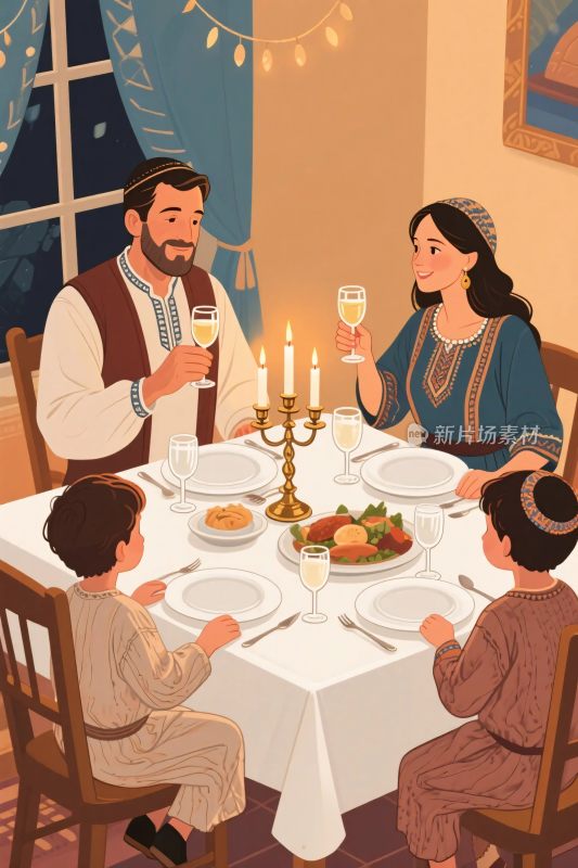 一家人温馨用餐的插画场景