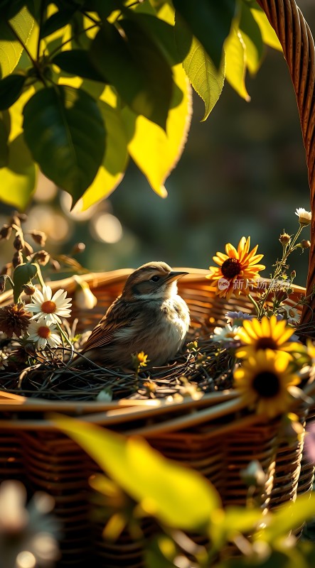 阳光下的鸟巢与鲜花
