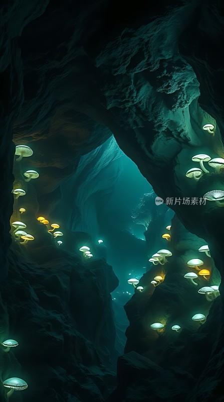 神秘洞穴中的发光蘑菇