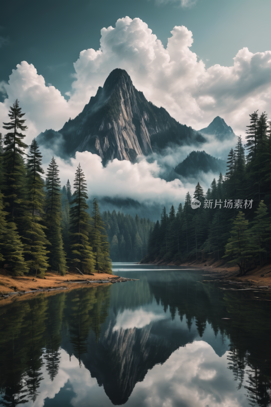 一座山倒映在水中高清风景插图片