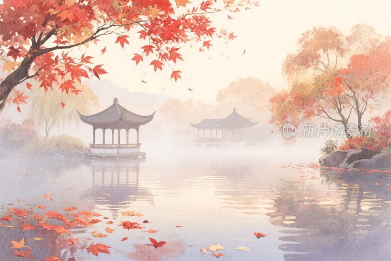 古风山水秋景插画