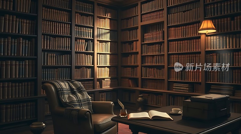 书架环绕的书房桌椅与灯光营造静谧氛围