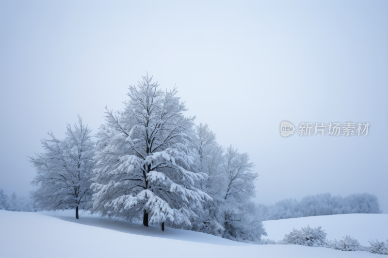 田野里的雪树天空雾蒙蒙高清背景图片