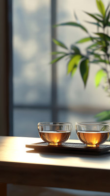 柔和晨光中两个玻璃茶杯