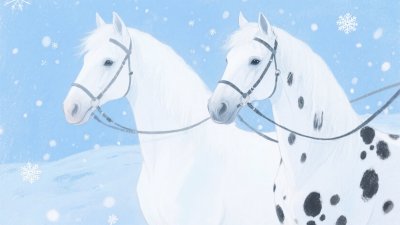 雪地中的两匹白马插画 雪地中的两匹白马插画