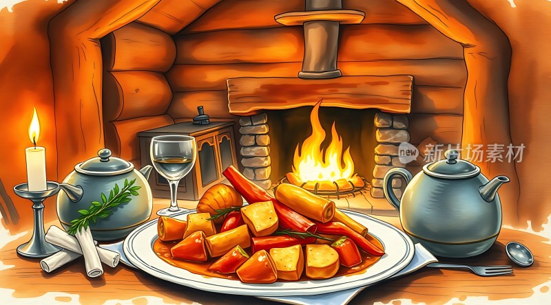 温馨壁炉旁的美食盛宴