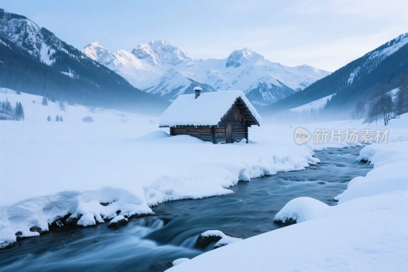 雪山木屋溪流雪景图