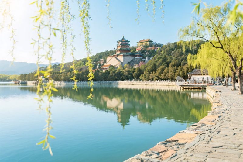 湖边古建筑风景图