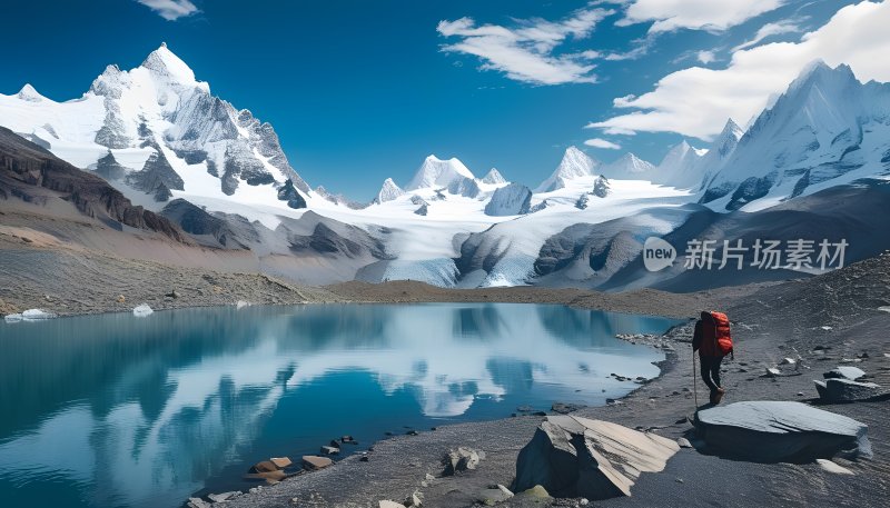 雪山湖泊与徒步者