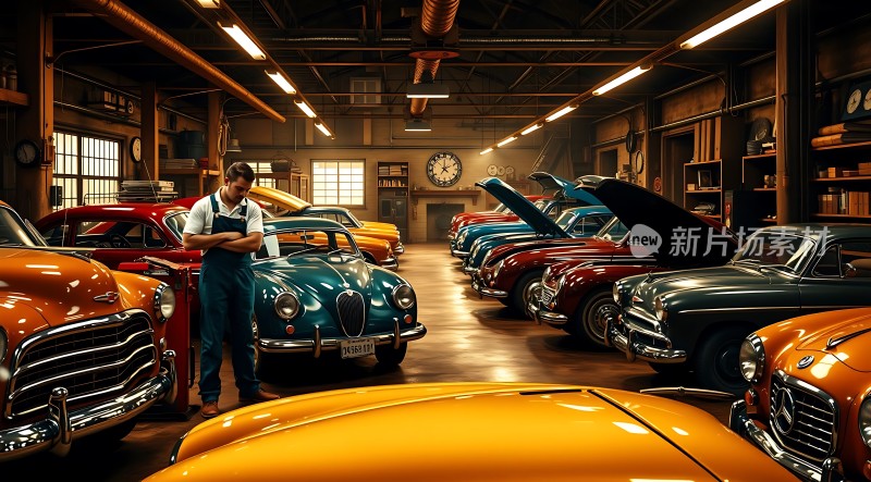 经典车库里的复古汽车盛宴