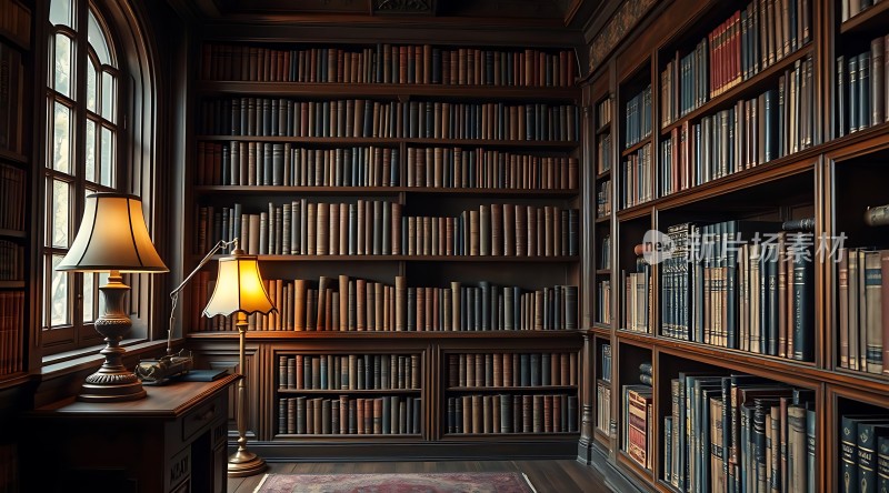 古色古香的书房书架上的书籍和台灯